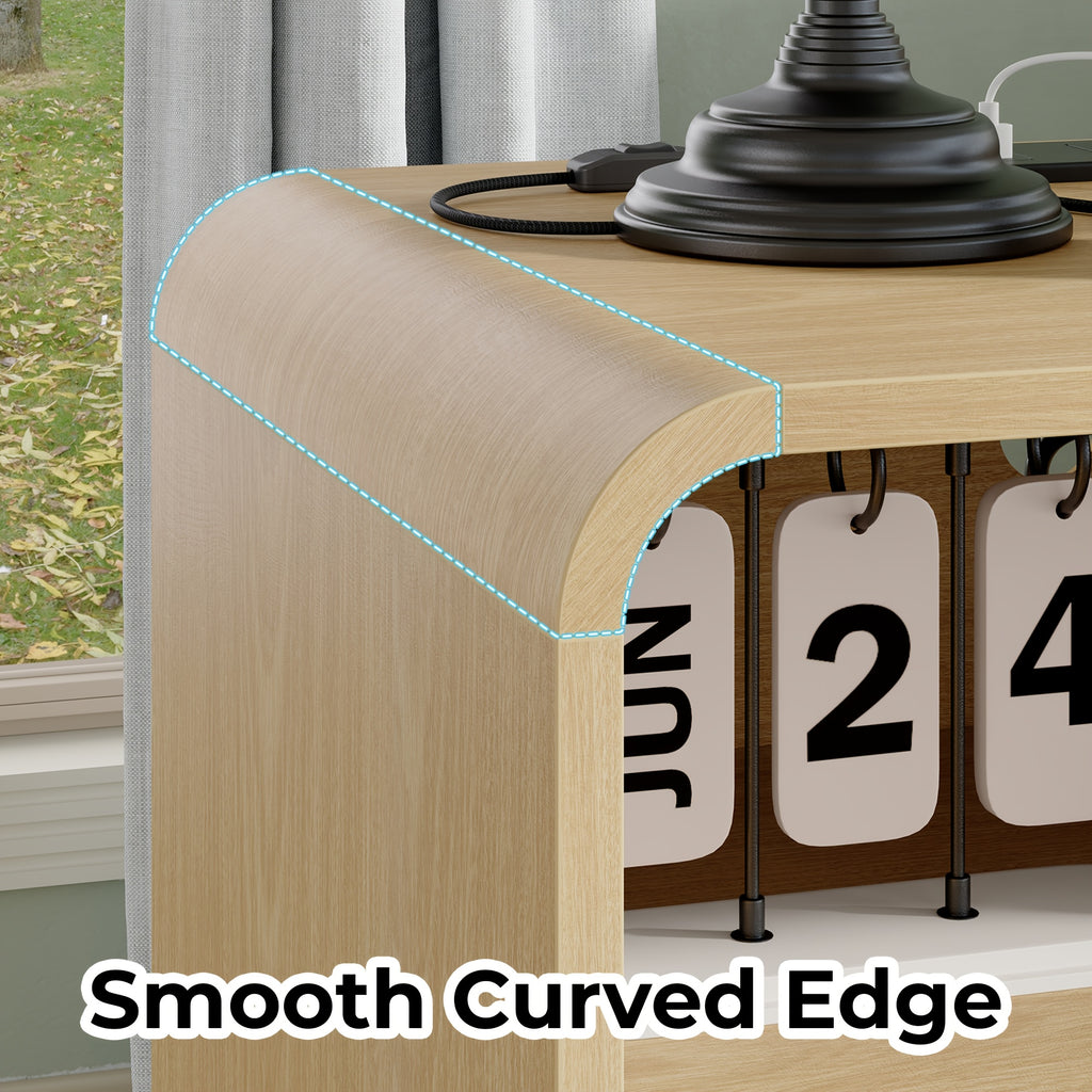 Solid Wood Bedside Table with Built-in Charging Station | Featuring Two Drawers and One Open Storage Compartment, Sleek Curved Handle-free Design, Ideal for Bedrooms, Dorm Rooms, and Compact Spaces