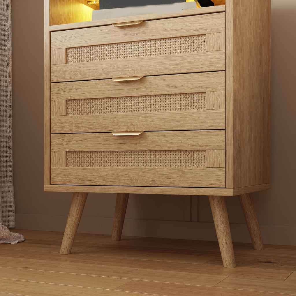 VABCHES 3 Storage Drawers Rattan Nightstand with Charging Station USB Port Led Lights 3 Storage Drawers, Bedroom Furniture Night Stand Bedside Table Bed Side Table End Table Sofa Table