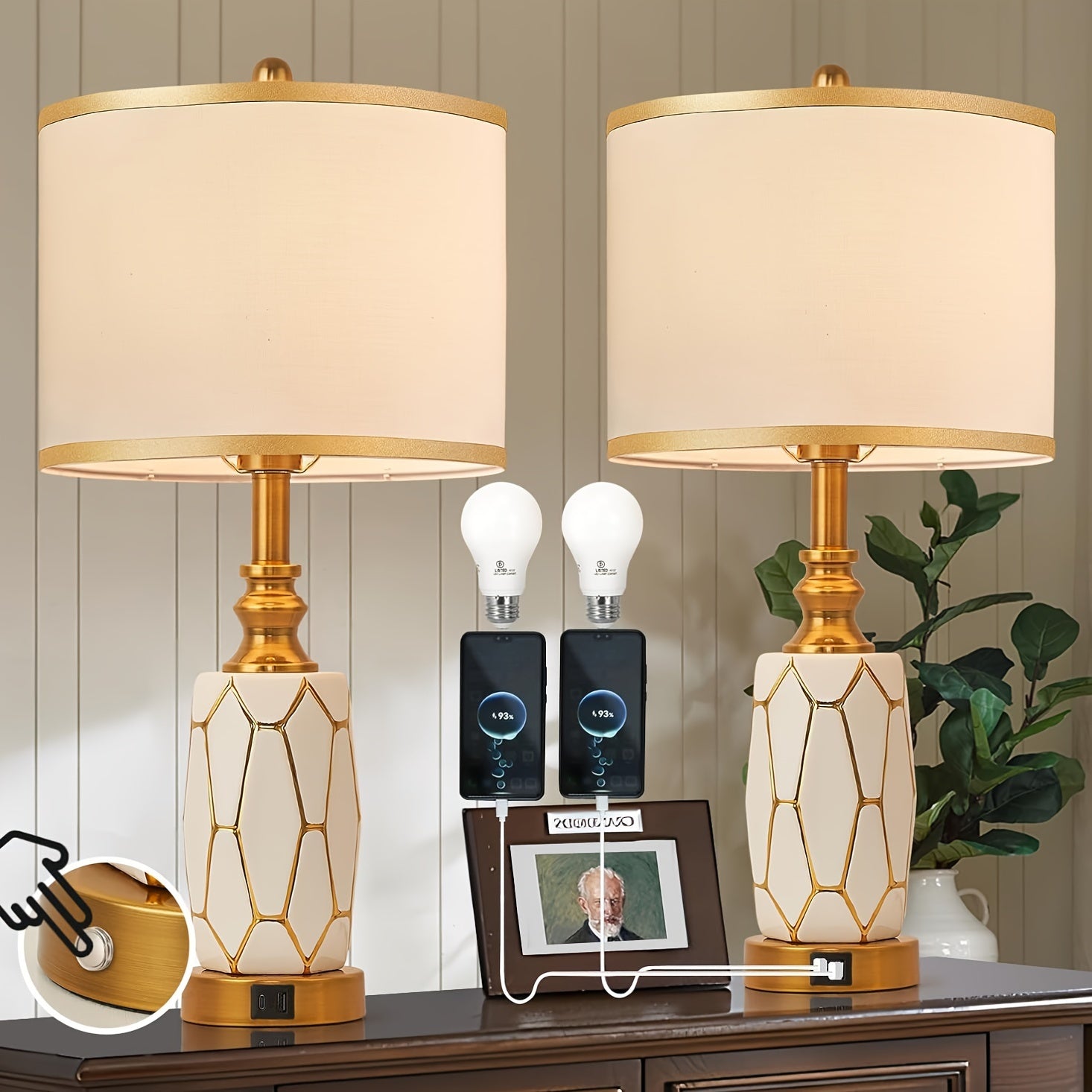 2 Touch Desk Lamps In The Bedroom, Living Room, Modern Ceramic Desk Lamp With USB Port, Bedside Bedside Bedside Lamp With Fabric Drum Lampshade, Including 2 Light Bulbs