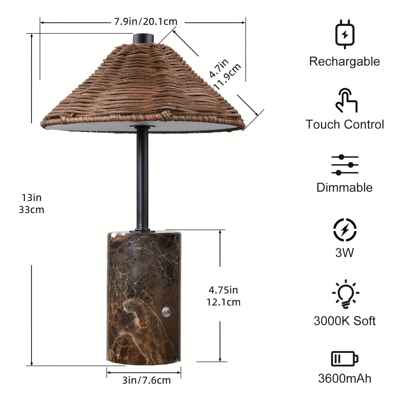 2pcs\u002F1pc 13 Inch Brown Boho Rattan Portable Table Lamp, 3 Color Touch Control, Dimmable, 3000K Soft, Marble Base And Handwoven Woven Rattan Shade, 3600mAh LED Rechargeable Cordless Bedside Lamp for Living Room, Dining Table, Bookcase Lighting