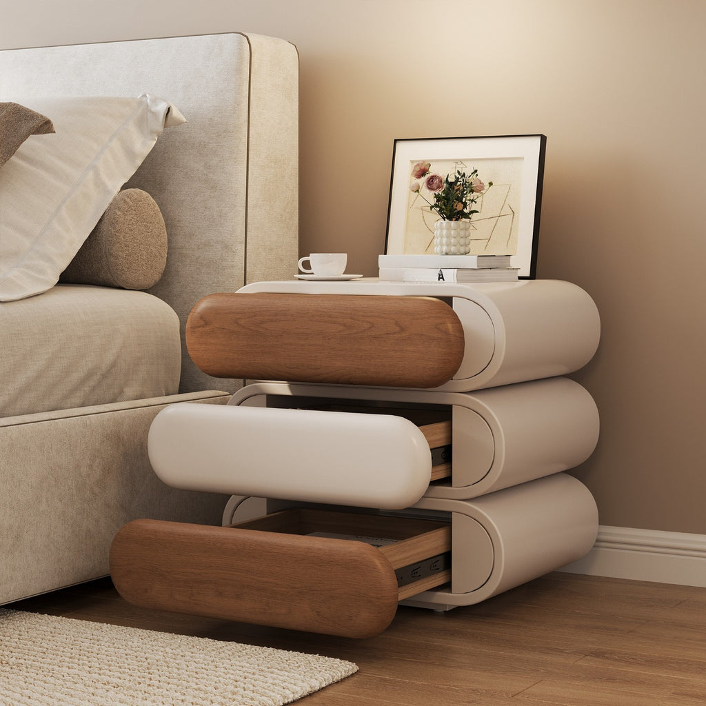 Swivel Nightstand with 3 Drawers Mid-Century Modern End Table Wood for Living Room Office Creative Idea(White, 15.75inch)