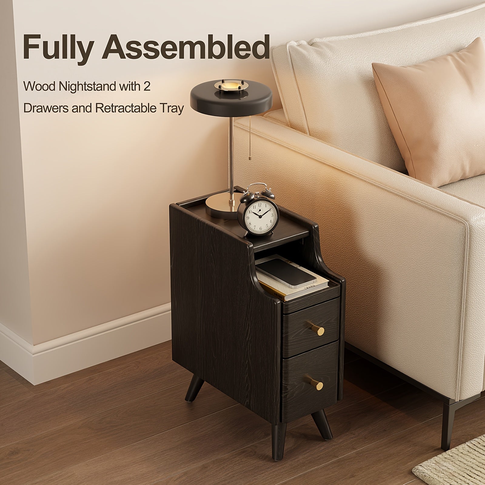 KASLANDI Solid Wood Nightstand with Drawers | Walnut Bedside Table for Bedroom, Christmas Gifts, Black Fridays Special, Free Shipping