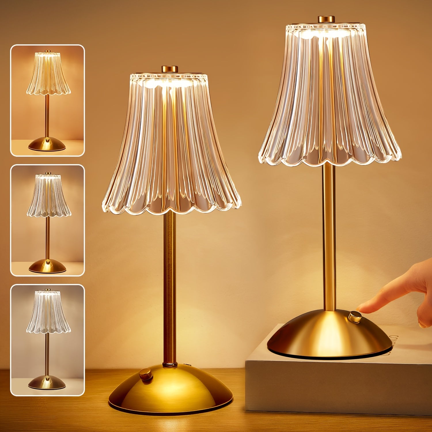2pcs Vintage Crystal LED Table Lamp with 3-Color Adjustable Lighting, USB Rechargeable - Perfect for Bedroom Ambiance, Living Room, Office, Study, Reading, And Relaxation, Available In 1pc.