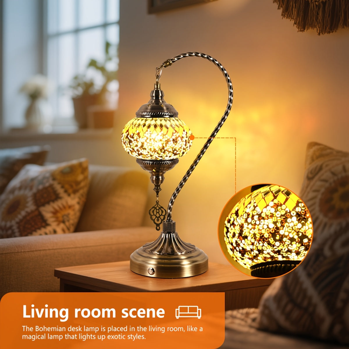 Portable Desk Lamp with a Rechargeable Feature, Inspired by Turkish And Moroccan Designs. This Bohemian Night Light Has a Swan-Neck Shape And Offers Three Color Settings. It Is Made of Mosaic Colored Glass And Comes with a 5000 Mah Battery