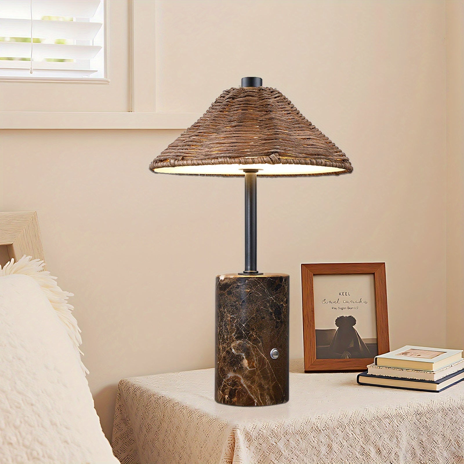 2pcs\u002F1pc 13 Inch Brown Boho Rattan Portable Table Lamp, 3 Color Touch Control, Dimmable, 3000K Soft, Marble Base And Handwoven Woven Rattan Shade, 3600mAh LED Rechargeable Cordless Bedside Lamp for Living Room, Dining Table, Bookcase Lighting