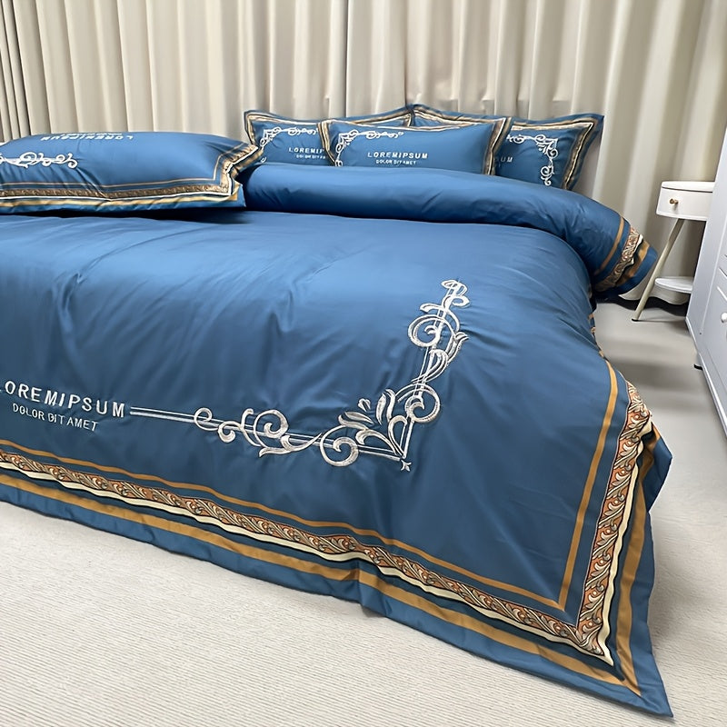 Luxurious 4pcs Bedding Set with Digital Print and Exquisite Detail - Elegant Blue and Golden Floral Design, Includes Duvet Cover, Bed Sheet, 2 Pillowcases, Machine Washable, All-Season Comfort, Duvet Insert Not Included, Bedding Set