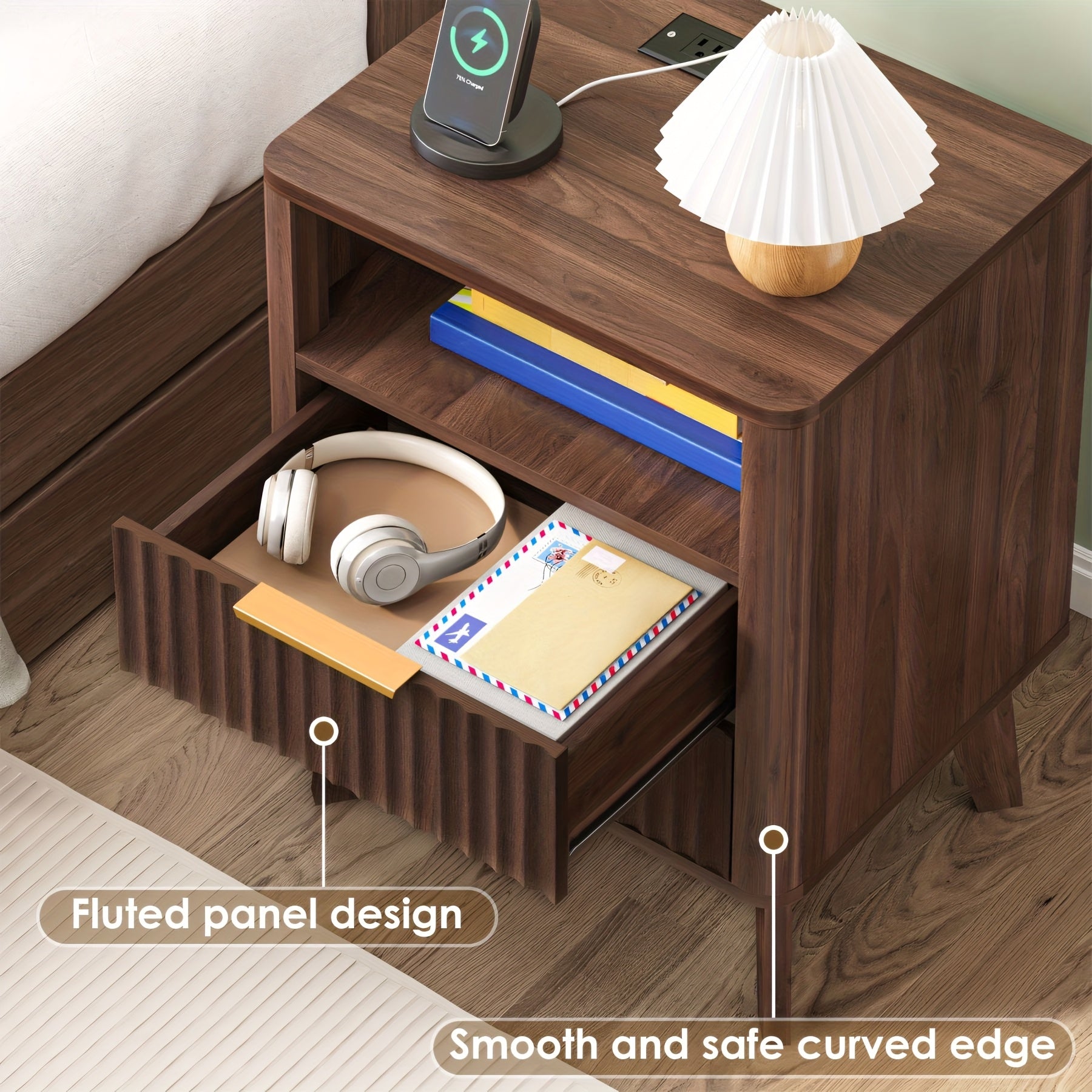 Large Fluted Night Stand with Charging Station | Mid Century Modern Bedroom Side Table with 2 Drawers and Open Storage Space, Wood Color, 17.7 x 13.7 x 23.6 inches, Hardwood and Artificial Board Material, TOMNK Brand