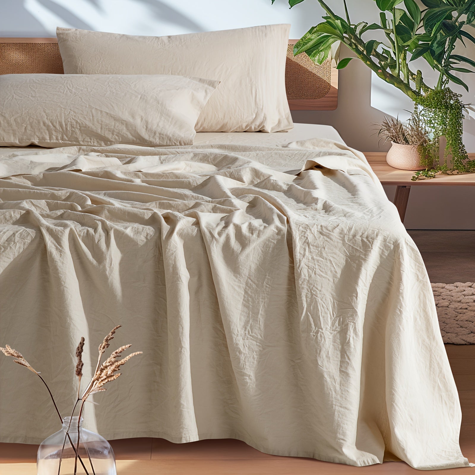 Linen Bed Sheets Set, Bed Sheets 4pcs Set, Solid Color Natural Flax Blend Soft Breathable Bedding, 16 Inches Deep Pocket, All Season