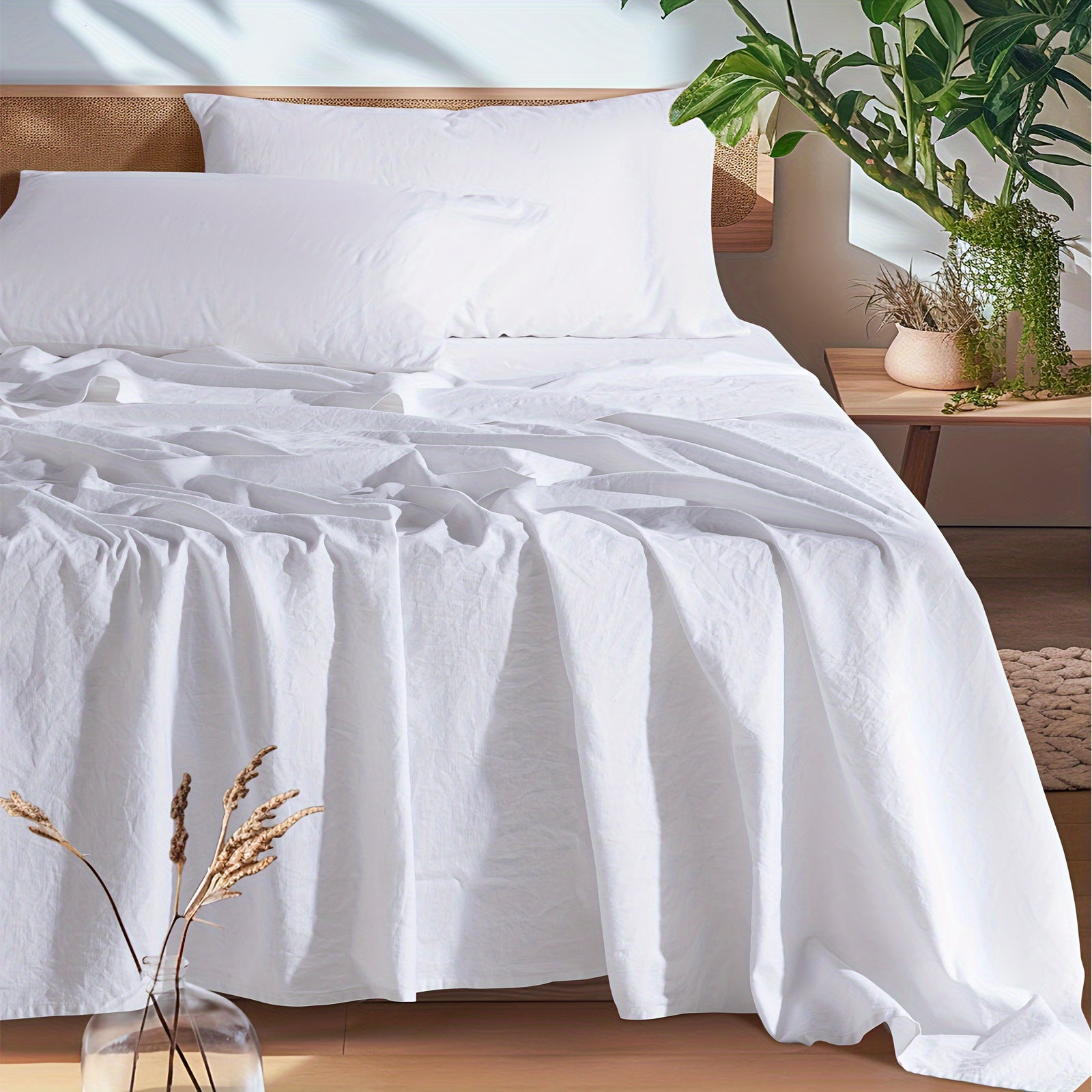 Linen Bed Sheets Set, Bed Sheets 4pcs Set, Solid Color Natural Flax Blend Soft Breathable Bedding, 16 Inches Deep Pocket, All Season