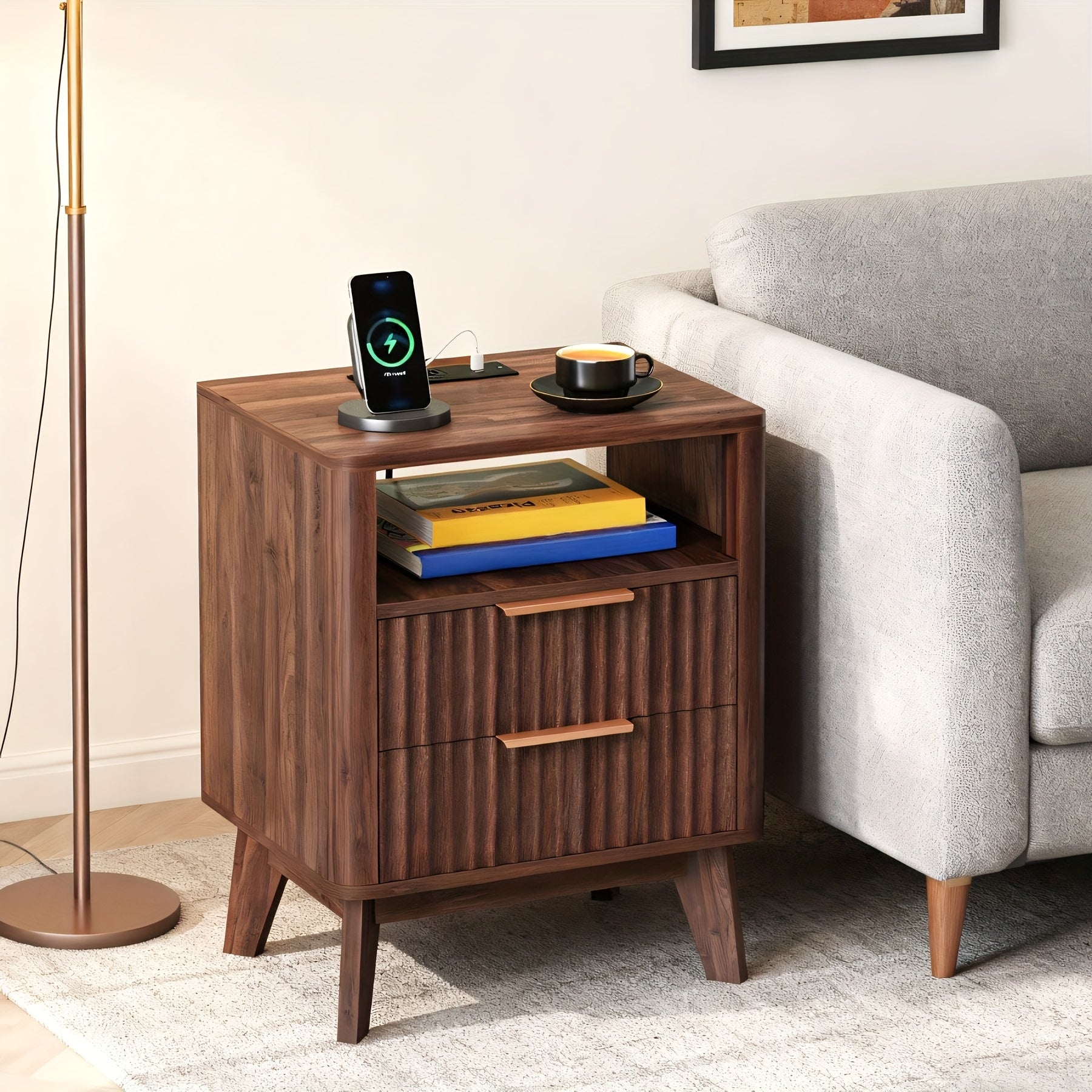 Large Fluted Night Stand with Charging Station | Mid Century Modern Bedroom Side Table with 2 Drawers and Open Storage Space, Wood Color, 17.7 x 13.7 x 23.6 inches, Hardwood and Artificial Board Material, TOMNK Brand