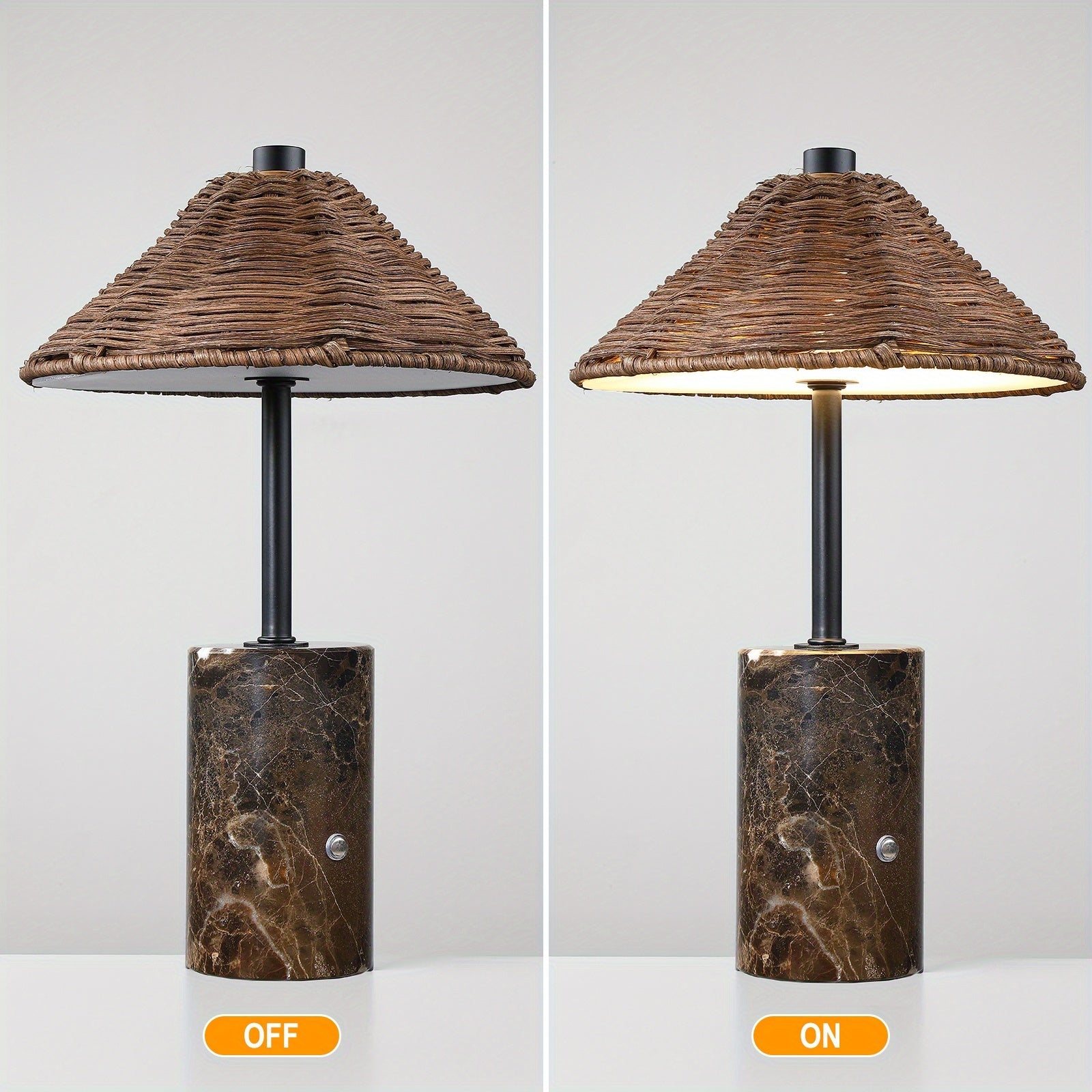 2pcs\u002F1pc 13 Inch Brown Boho Rattan Portable Table Lamp, 3 Color Touch Control, Dimmable, 3000K Soft, Marble Base And Handwoven Woven Rattan Shade, 3600mAh LED Rechargeable Cordless Bedside Lamp for Living Room, Dining Table, Bookcase Lighting