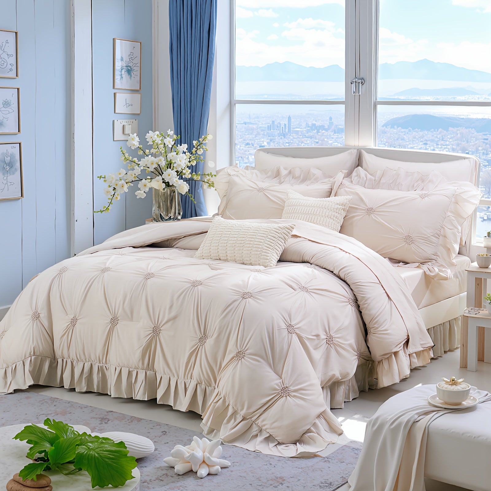 Pinch Pleat Ruffle Comforter Set, Beige Comforter Queen\u002FKing Size, Bed In A Bag Set, Room Decor Aesthetic Bedding Set 8pcs.1 Beige Comforter, 2 Pillowcases, 2 Pillow Shams, 1 Flat Sheet, 1 Fitted Sheet And 2 Decorative Boho Pillowcases
