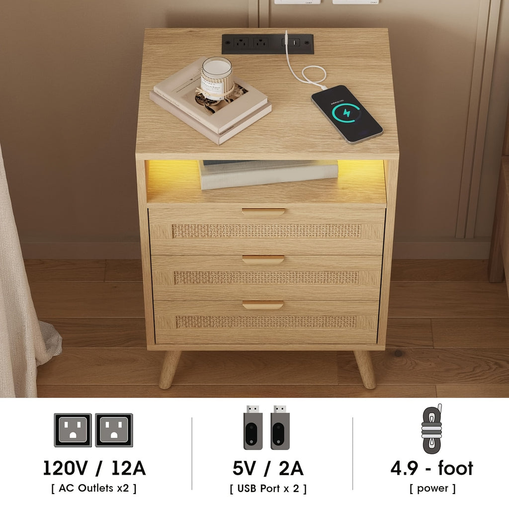 VABCHES 3 Storage Drawers Rattan Nightstand with Charging Station USB Port Led Lights 3 Storage Drawers, Bedroom Furniture Night Stand Bedside Table Bed Side Table End Table Sofa Table