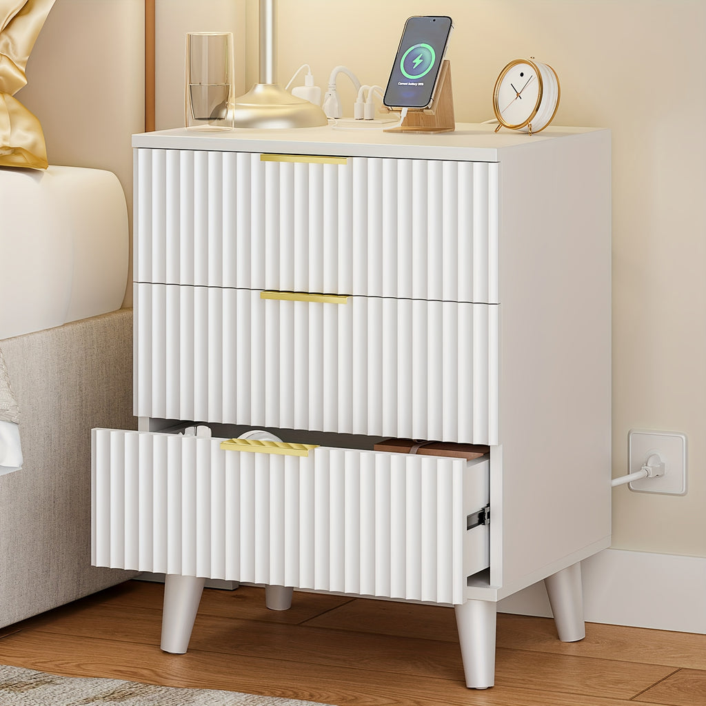 1pc Nightstand With Charging Station, Side Table With 3 Drawers, Bedside End Table With 2 USB Ports And 2 AC Outlets, Night Stand For Bedroom, Small Dresser For Small Spaces