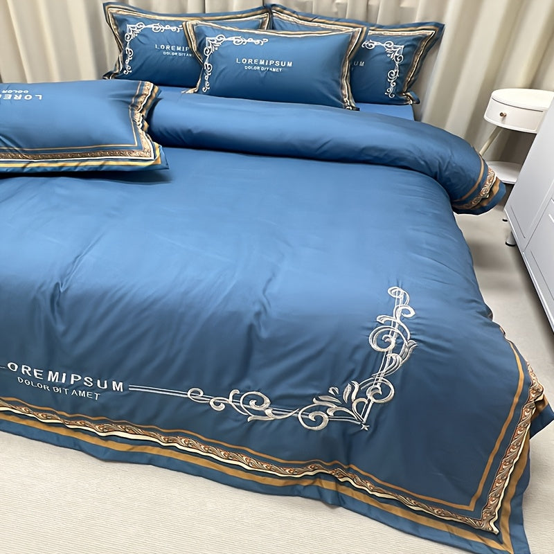 Luxurious 4pcs Bedding Set with Digital Print and Exquisite Detail - Elegant Blue and Golden Floral Design, Includes Duvet Cover, Bed Sheet, 2 Pillowcases, Machine Washable, All-Season Comfort, Duvet Insert Not Included, Bedding Set