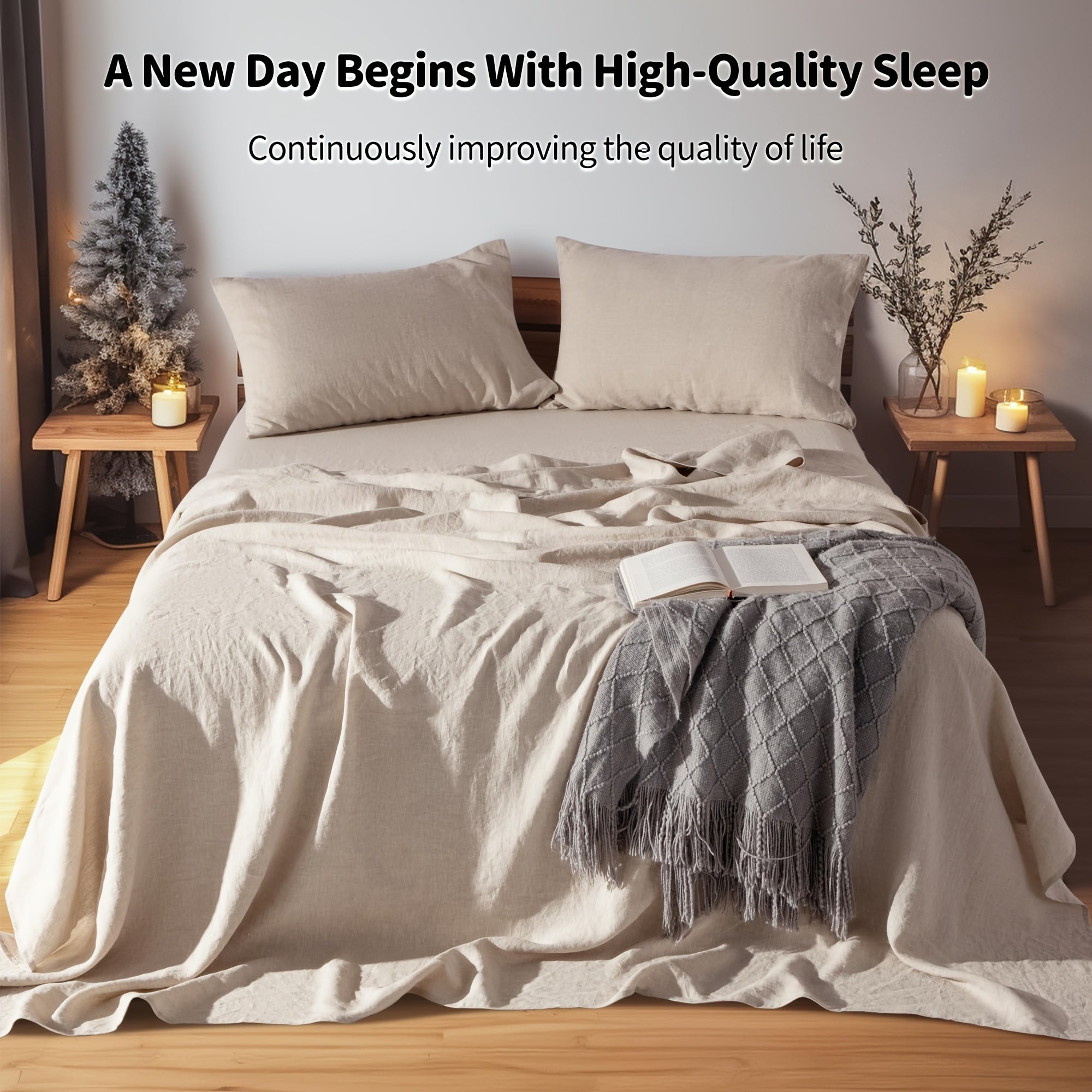 4pcs Premium Linen Sheets | Breathable and Durable King Size Bed Sheets, Anti-Tear, Machine Washable, 16 Inch Deep Pocket, Luxury Gift Box Packaging, Holiday Essential