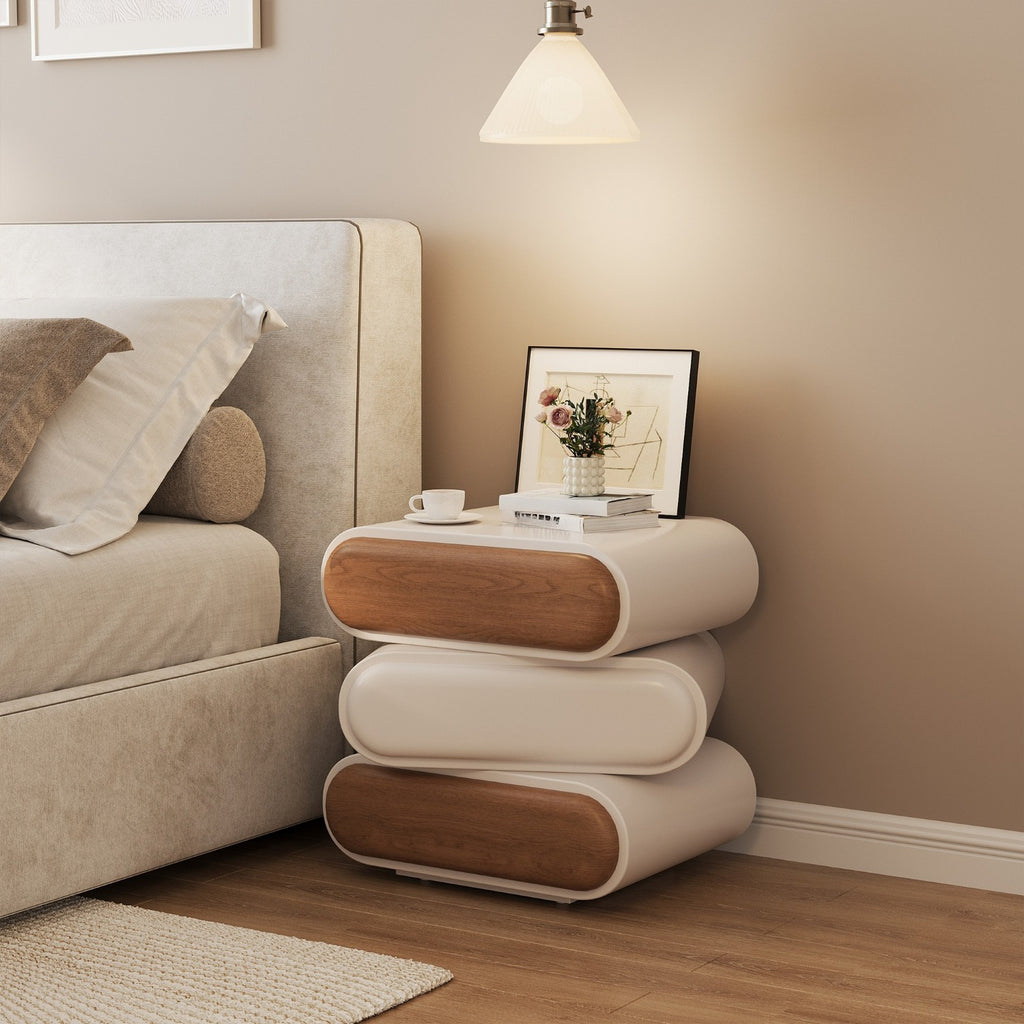 Swivel Nightstand with 3 Drawers Mid-Century Modern End Table Wood for Living Room Office Creative Idea(White, 15.75inch)