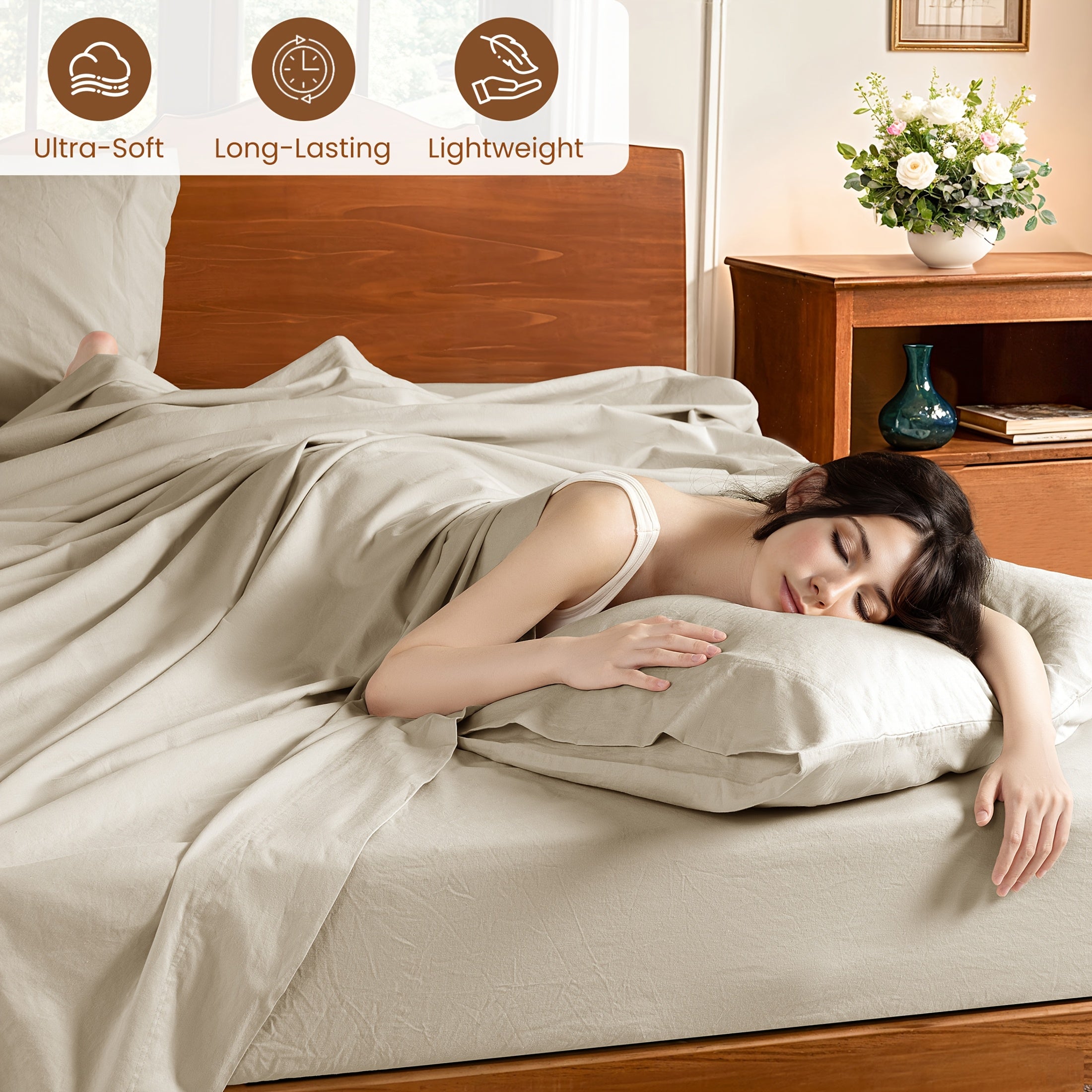 4pcs Bed Set, Breathable and Durable Bed Sheets, 16-Inch Deep Pocket Fitted Sheet, Machine Washable, All Season Use, Perfect Gift for Family or Friends (1 Flat Sheet + 1 Fitted Sheet + 2 Pillowcases)