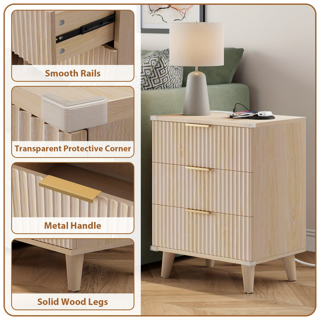 1pc Nightstand With Charging Station, Side Table With 3 Drawers, Bedside End Table With 2 USB Ports And 2 AC Outlets, Night Stand For Bedroom, Small Dresser For Small Spaces