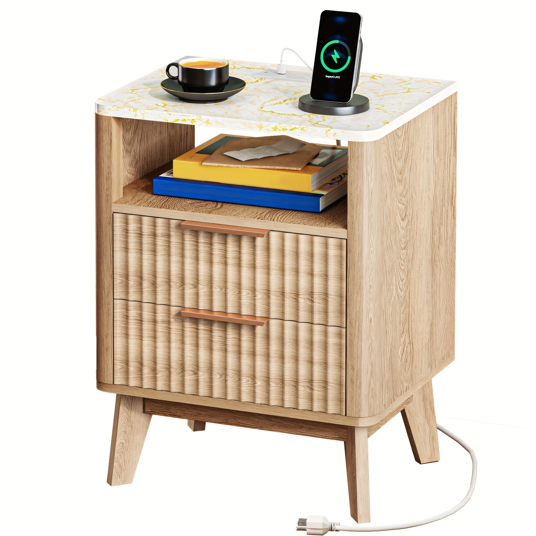 Modern Bedside Table with Storage Drawer and Open Wood Shelf | Accent Night Stand with Wood Legs, Easy Assembly, Suitable for Living Room, Bedroom, and Small Spaces, Made of Artificial Board and Hardwood, WHONLINE Brand, Storage Drawer Units