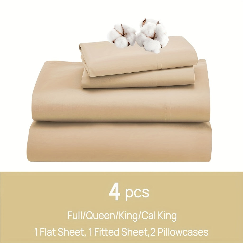 Set of 4 Sheets Made from 100% Cotton, Available in Full, Queen, King, And California King Sizes. These Luxury Cotton Bed Sheets Are Breathable And Come with Pillowcases, Featuring an 18-Inch Deep Pocket. The Set Includes 1 Fitted Sheet