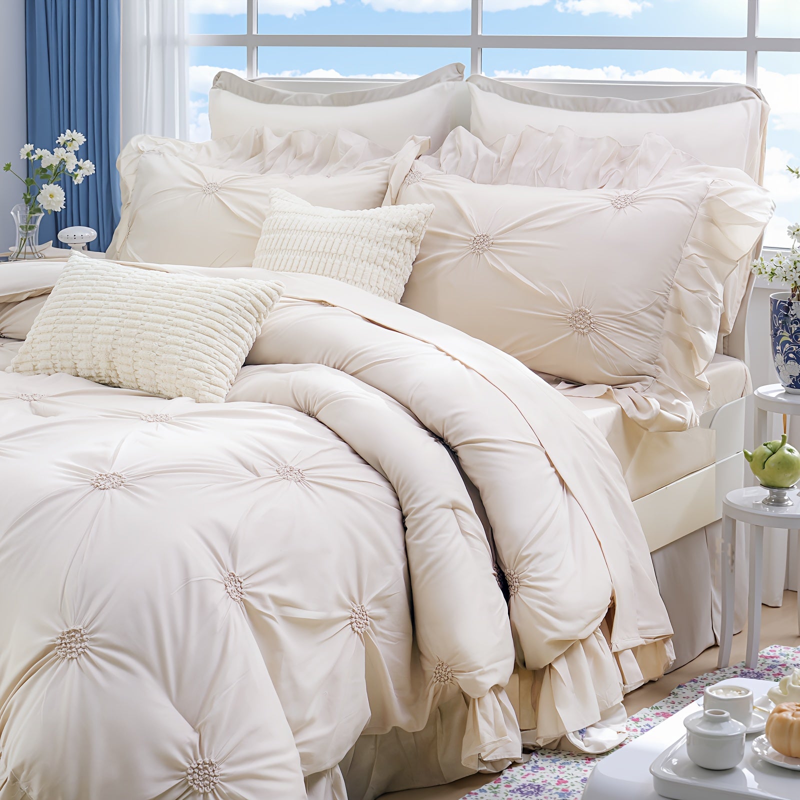 Pinch Pleat Ruffle Comforter Set, Beige Comforter Queen\u002FKing Size, Bed In A Bag Set, Room Decor Aesthetic Bedding Set 8pcs.1 Beige Comforter, 2 Pillowcases, 2 Pillow Shams, 1 Flat Sheet, 1 Fitted Sheet And 2 Decorative Boho Pillowcases