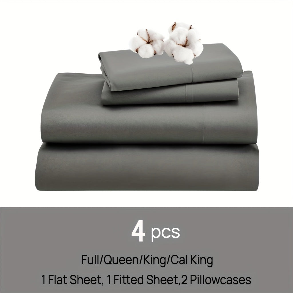 Set of 4 Sheets Made from 100% Cotton, Available in Full, Queen, King, And California King Sizes. These Luxury Cotton Bed Sheets Are Breathable And Come with Pillowcases, Featuring an 18-Inch Deep Pocket. The Set Includes 1 Fitted Sheet