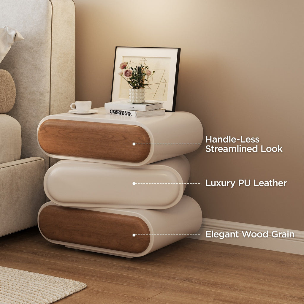 Swivel Nightstand with 3 Drawers Mid-Century Modern End Table Wood for Living Room Office Creative Idea(White, 15.75inch)