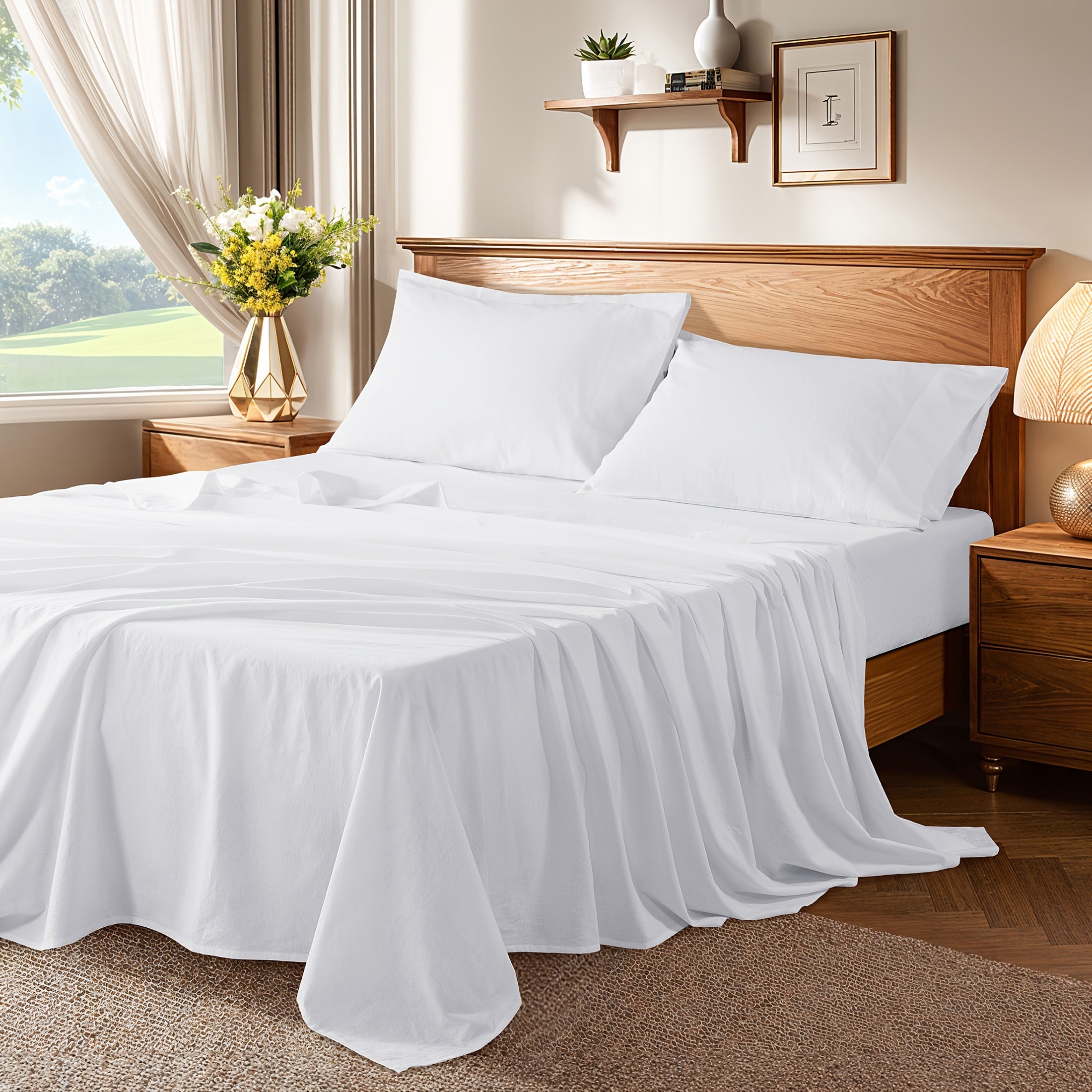 4pcs Bed Set, Breathable and Durable Bed Sheets, 16-Inch Deep Pocket Fitted Sheet, Machine Washable, All Season Use, Perfect Gift for Family or Friends (1 Flat Sheet + 1 Fitted Sheet + 2 Pillowcases)