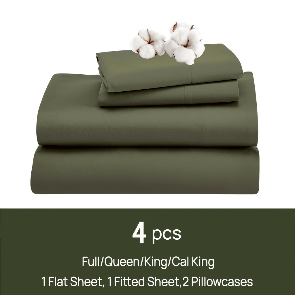 Set of 4 Sheets Made from 100% Cotton, Available in Full, Queen, King, And California King Sizes. These Luxury Cotton Bed Sheets Are Breathable And Come with Pillowcases, Featuring an 18-Inch Deep Pocket. The Set Includes 1 Fitted Sheet
