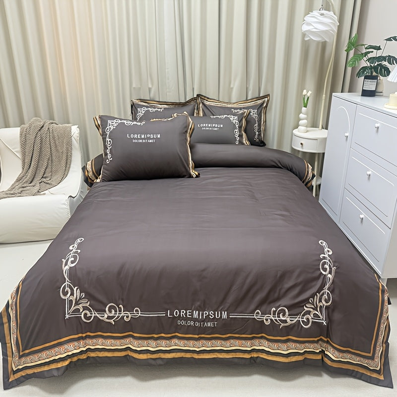 Luxurious 4pcs Bedding Set with Digital Print and Exquisite Detail - Elegant Blue and Golden Floral Design, Includes Duvet Cover, Bed Sheet, 2 Pillowcases, Machine Washable, All-Season Comfort, Duvet Insert Not Included, Bedding Set