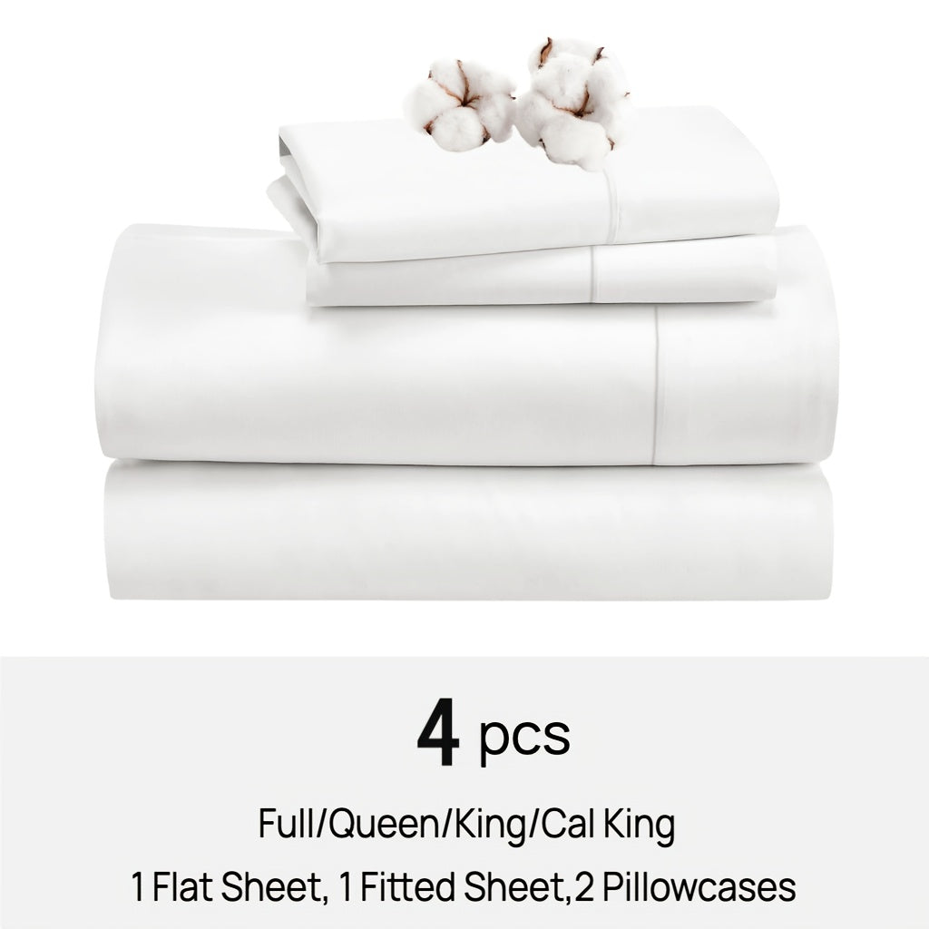 Set of 4 Sheets Made from 100% Cotton, Available in Full, Queen, King, And California King Sizes. These Luxury Cotton Bed Sheets Are Breathable And Come with Pillowcases, Featuring an 18-Inch Deep Pocket. The Set Includes 1 Fitted Sheet