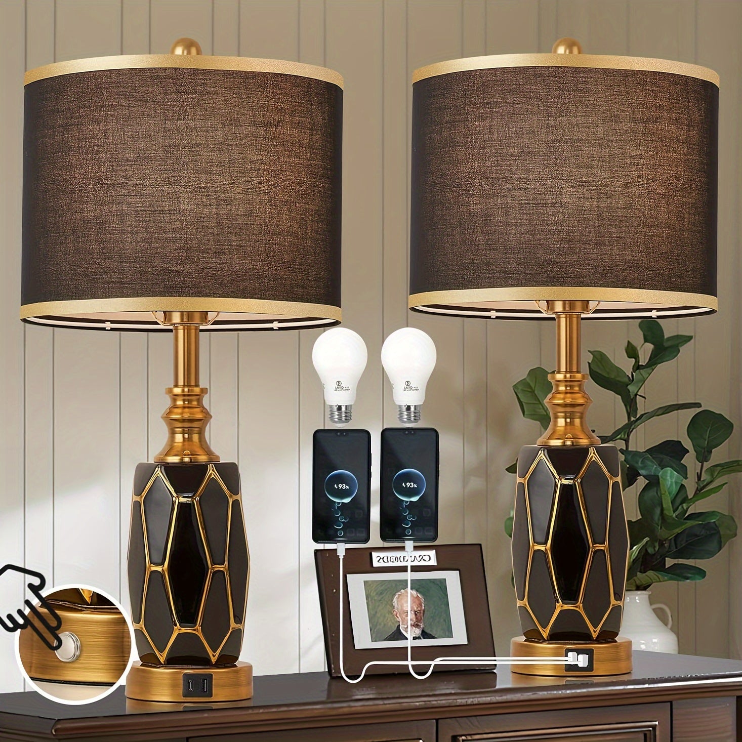 2 Touch Desk Lamps In The Bedroom, Living Room, Modern Ceramic Desk Lamp With USB Port, Bedside Bedside Bedside Lamp With Fabric Drum Lampshade, Including 2 Light Bulbs