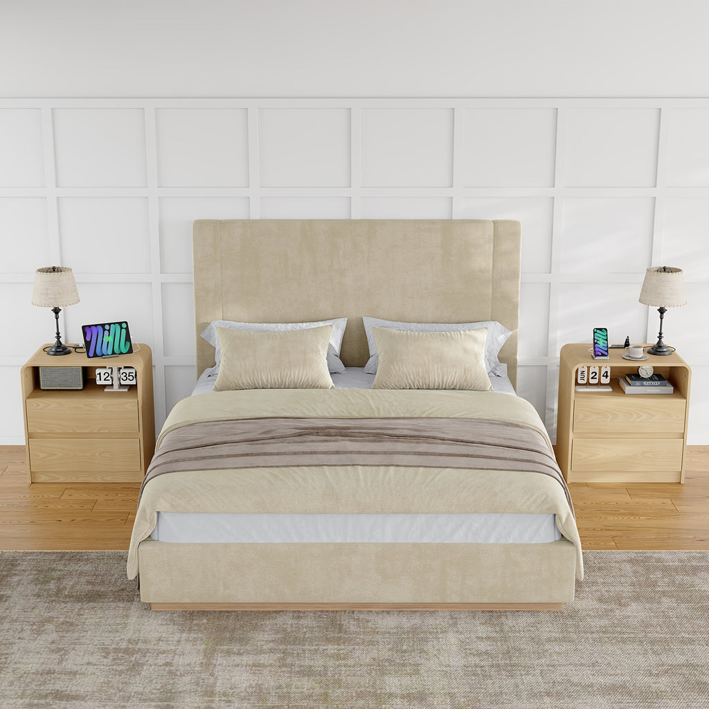 Solid Wood Bedside Table with Built-in Charging Station | Featuring Two Drawers and One Open Storage Compartment, Sleek Curved Handle-free Design, Ideal for Bedrooms, Dorm Rooms, and Compact Spaces