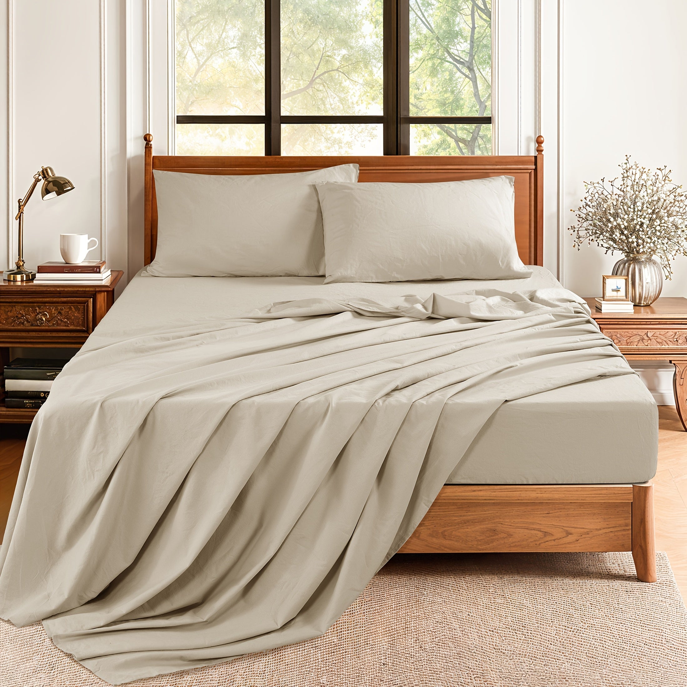 4pcs Bed Set, Breathable and Durable Bed Sheets, 16-Inch Deep Pocket Fitted Sheet, Machine Washable, All Season Use, Perfect Gift for Family or Friends (1 Flat Sheet + 1 Fitted Sheet + 2 Pillowcases)