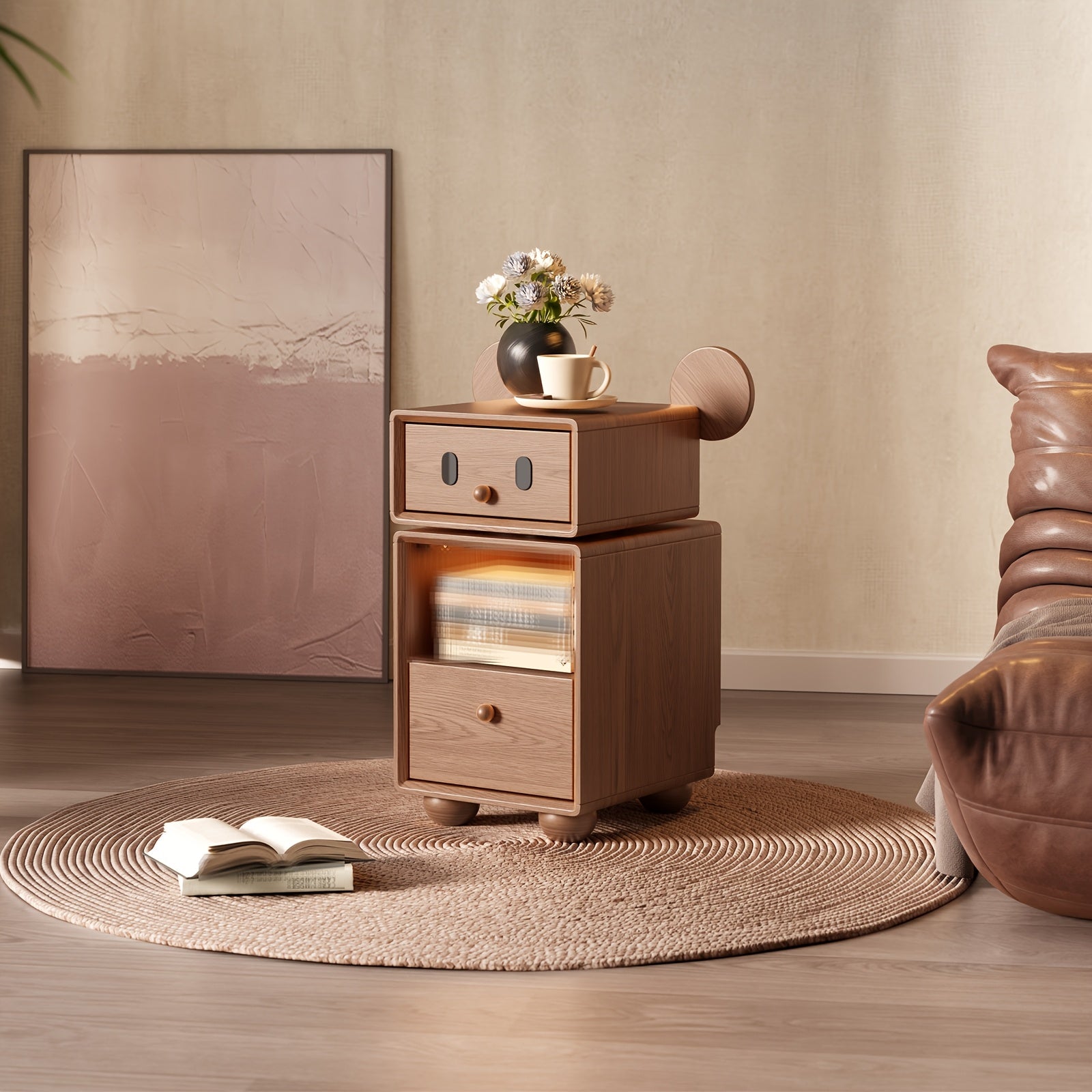 Solid Wood Cute Nightstand with 360° Rotating Drawers, Semi-Assembled Night Stand with 2 Drawers, Modern Fluted Bedside Tables for Bedroom, Living Room(Walnut), Christmas Gifts, Black Fridays Items, Free Shipping