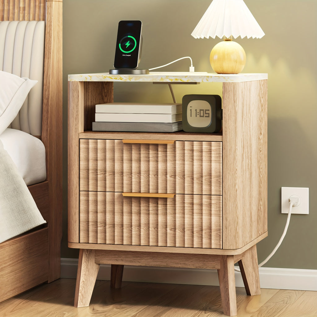Modern Bedside Table with Storage Drawer and Open Wood Shelf | Accent Night Stand with Wood Legs, Easy Assembly, Suitable for Living Room, Bedroom, and Small Spaces, Made of Artificial Board and Hardwood, WHONLINE Brand, Storage Drawer Units
